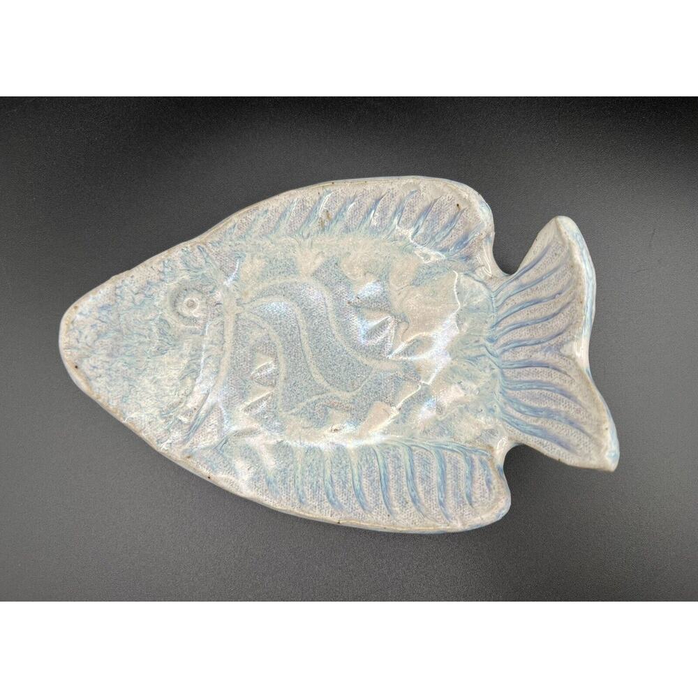 Handmade Glazed Art Pottery 6” Fish Trinket Soap Dish Blue Purple & White Signed